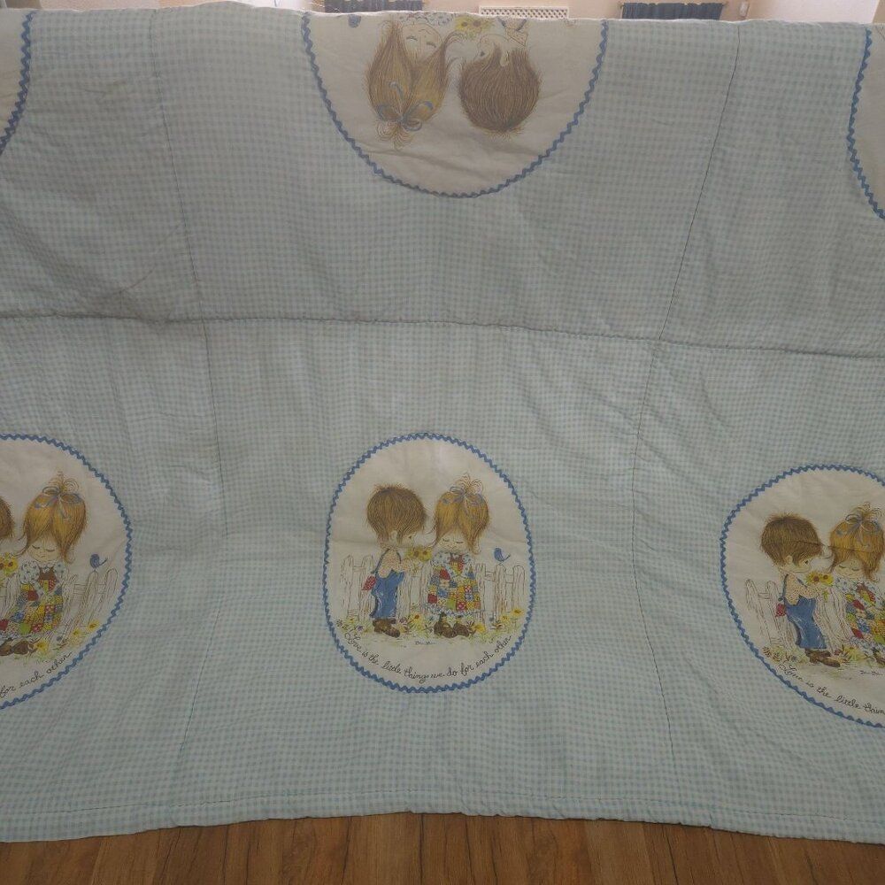 Vintage 70s Petticoats and Pantaloons Blue Gingham Quilt Comforter Full Size